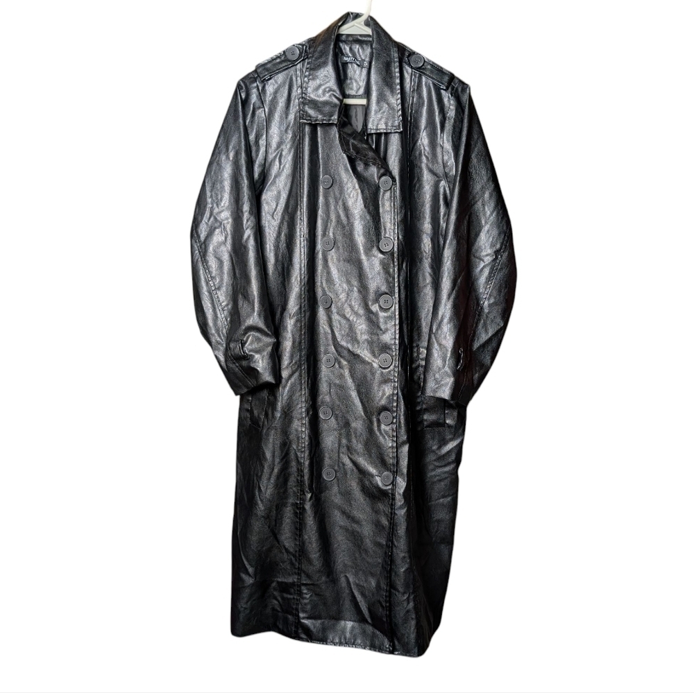 Nasty Gal Glossy Black Long Trench Coat Faux Leather Like New Woman's 2